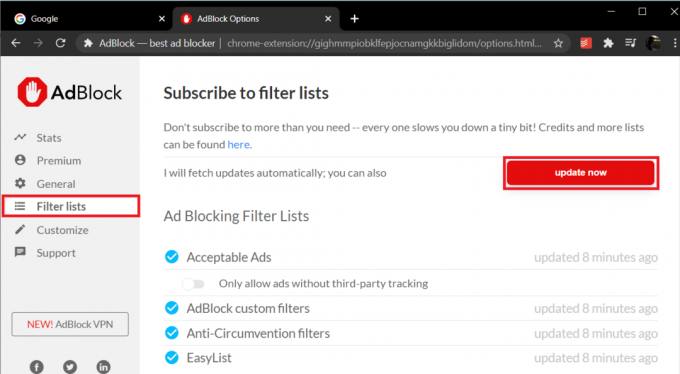 Perjunkite į filtrų sąrašus ir spustelėkite raudoną mygtuką Atnaujinti dabar | Pataisykite „Adblock“, kuris „YouTube“ nebeveikia