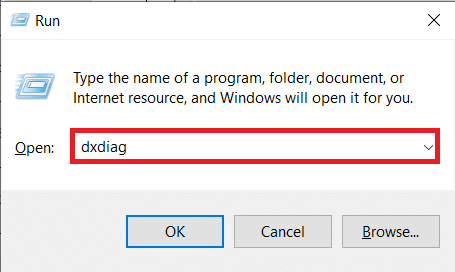 Pritisnite tipke Windows i R da biste otvorili dijaloški okvir Pokreni. Upišite dxdiag, a zatim pritisnite Enter