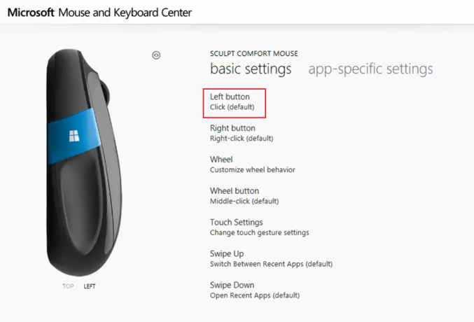 faceți clic pe Faceți clic pe Implicit sub butonul din stânga în setările de bază pentru mouse-ul și tastatura Microsoft