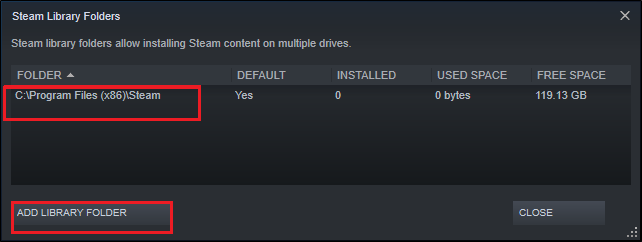 Maintenant, cliquez sur AJOUTER UN DOSSIER DE BIBLIOTHÈQUE comme indiqué dans l'image ci-dessous et assurez-vous que l'emplacement du dossier Steam est C:\Program Files (x86)\Steam.