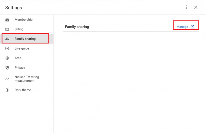 pilih family sharing dan klik Manage in youtube tv