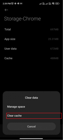 appuyez sur l'option Effacer le cache