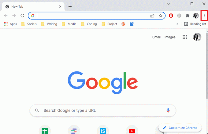 Atidarykite „Google Chrome“ ir viršutiniame dešiniajame ekrano kampe eikite į veiksmų mygtuką