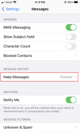 Tryck på Behåll meddelanden under Meddelandehistorik | Åtgärda problemet med full lagring av iPhone