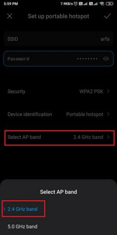 [AP帯域の選択]をタップして、5.0GHzから2.4GHzに切り替えます。 | Androidでモバイルホットスポットが機能しない問題を修正