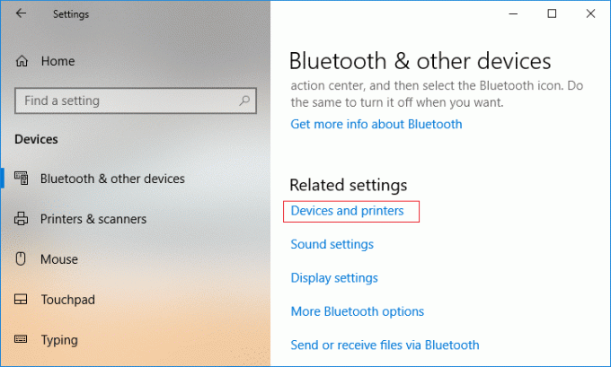 Seleziona Bluetooth e altri dispositivi, quindi fai clic su Dispositivo e stampanti in Impostazioni correlate