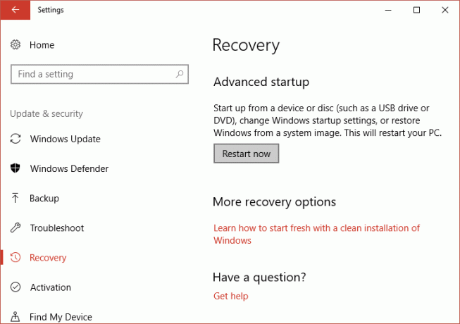 Kliknite na Restart now pod Napredno pokretanje u Recovery | Popravite pogrešku vremenskog ograničenja sata Watchdog u sustavu Windows 10