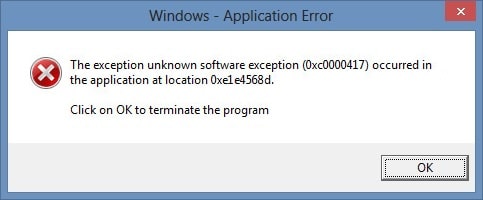 修正例外不明なソフトウェア例外（0xc0000417）がアプリケーションで発生しました