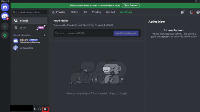 1. Atidarykite Discord ir spustelėkite nustatymų piktogramą, esančią kairiajame kompiuterio ekrano kampe. 