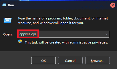 skriv in appwiz.cpl för att gå till Program och funktioner