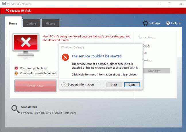 Korjaa palvelua ei voitu käynnistää Windows Defender -virhe 0x80070422