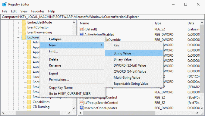 Høyreklikk på Utforsker, velg deretter Ny og klikk deretter på strengverdi