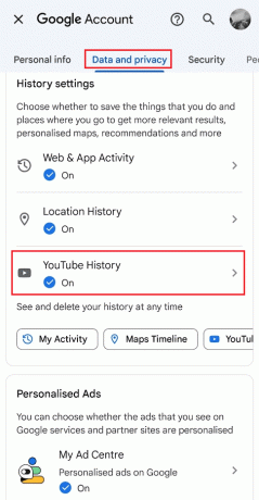 Preklopite na zavihek Podatki in zasebnost in tapnite Zgodovina v YouTubu