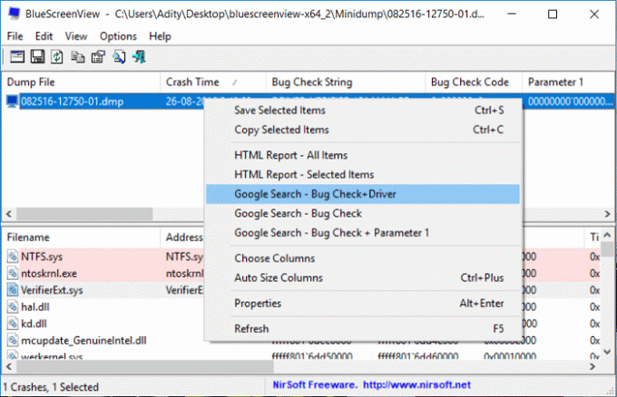 Dešiniuoju pelės mygtuku spustelėkite minidump failą „BlueScreenView“ viduje ir spustelėkite „Google“ paieška – klaidų tikrinimas + tvarkyklė“.