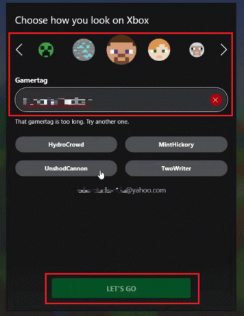 wybierz swój tag gracza Xbox i awatar, a następnie kliknij LET'S GO