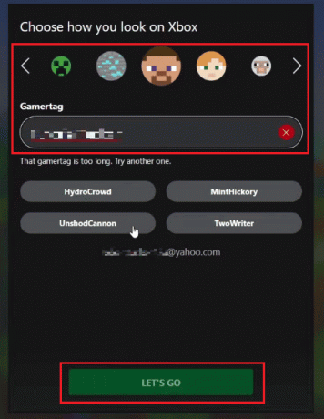 pasirinkite savo Xbox žaidėjo žymą ir avatarą ir spustelėkite LET'S GO