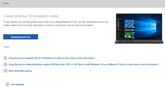 fare clic su Scarica ora per scaricare lo strumento di creazione di Windows Media nella pagina di download