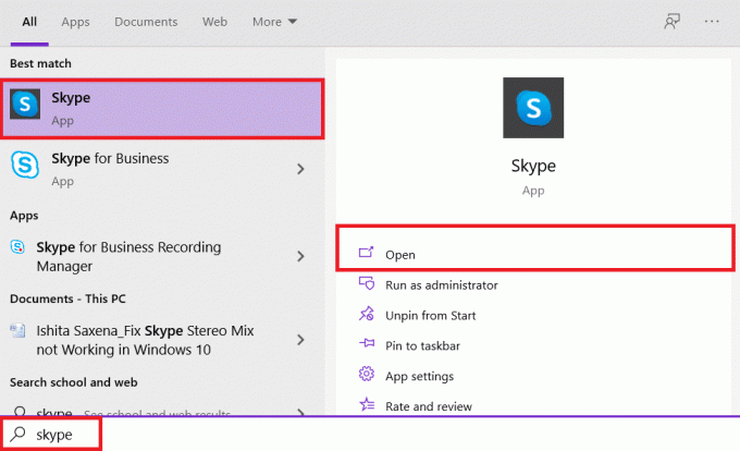 Öppna Start-menyn och skriv Skype, klicka på Öppna i den högra rutan | Så här fixar du att Skype Stereo Mix inte fungerar i Windows 10