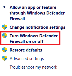 Opțiuni din panoul din stânga în fereastra Windows Defender Firewall. Cum să remediați aplicațiile care nu se pot deschide în Windows 11