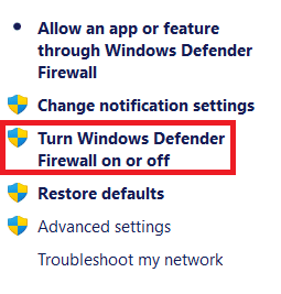 Opzioni del riquadro sinistro nella finestra di Windows Defender Firewall. Come risolvere le app che non possono essere aperte in Windows 11