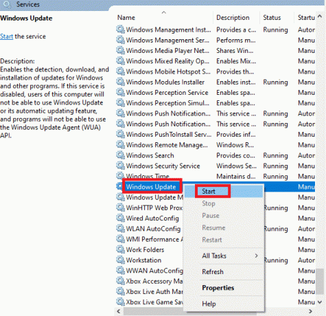 Klik met de rechtermuisknop op Windows Update. Selecteer de Start-optie.