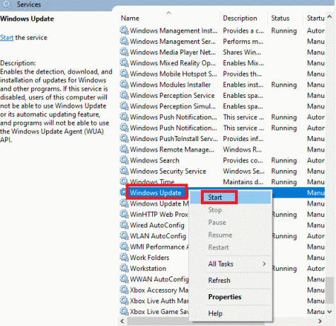 Кликните десним тастером миша на Виндовс Упдате. Изаберите опцију Старт.