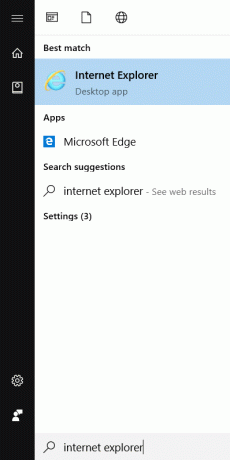 Făcând clic pe butonul Start din colțul din stânga jos, tastați Internet Explorer