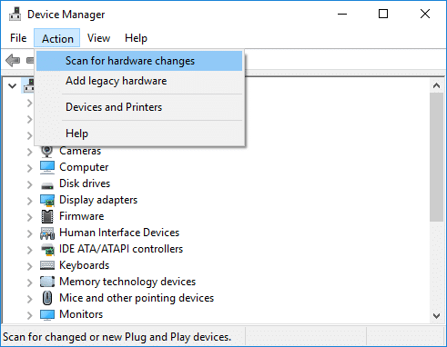 Натисніть «Дія», а потім натисніть «Сканувати зміни обладнання | Як скинути клавіатуру до налаштувань за замовчуванням у Windows 10?