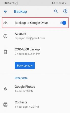 Google Drive'a Yedekle'nin yanındaki geçiş anahtarı açık | Android'de metin mesajlarını yedekleyin ve geri yükleyin