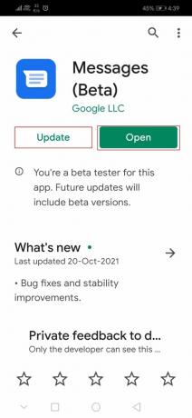 Twee opties, Update en Open in berichten-app in Google Play Store