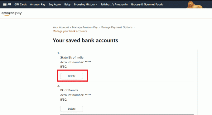Suchen Sie das gewünschte Bankkonto, das Sie entfernen möchten, und klicken Sie dafür auf Löschen