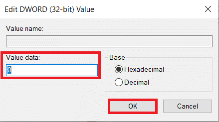 määrake DWORD-i väärtusstringi redigeerimisel väärtuse andmed 0-ks. Parandage Windows 10 heledus, mis ei tööta