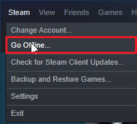 apri il menu Steam e fai clic su Vai offline