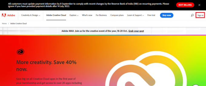 Отворете официалната страница на сайта на Adobe и щракнете върху бутона Вход. Коригирайте грешка 16 на Adobe After Effects в Windows 10