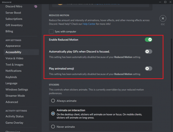 Slå på alternativet Aktiver redusert bevegelse. Fiks Discord-skjermdeling som ikke fungerer i Windows 10