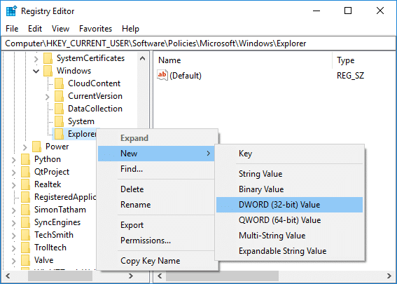เปิดหรือปิดประวัติการค้นหา File Explorer ใน Registry Editor