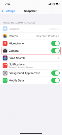 დარწმუნდით, რომ კამერაზე წვდომა ჩართულია Snapchat-ისთვის