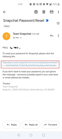 Na sua caixa de entrada, toque no e-mail de redefinição de senha do Snapchat recebido - link de redefinição