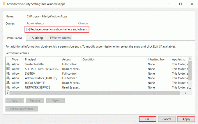 „Windows Apps“ išplėstiniuose saugos nustatymuose pažymėkite parinktį pakeisti savininką subkonteineriuose ir objektuose