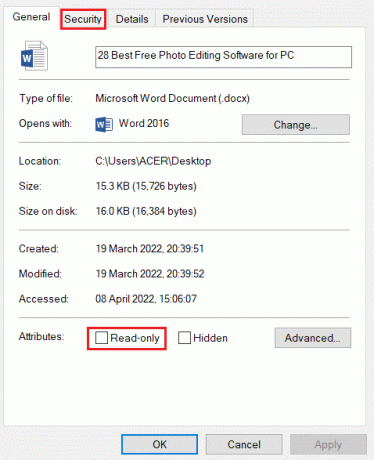 зніміть прапорець Лише читання та перейдіть на вкладку Безпека
