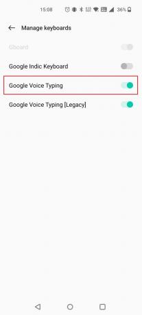 Изключете превключвателя за опцията Google Voice Typing