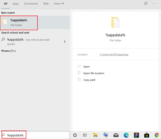 Κάντε κλικ στο πλαίσιο Αναζήτηση των Windows και πληκτρολογήστε appdata και πατήστε enter
