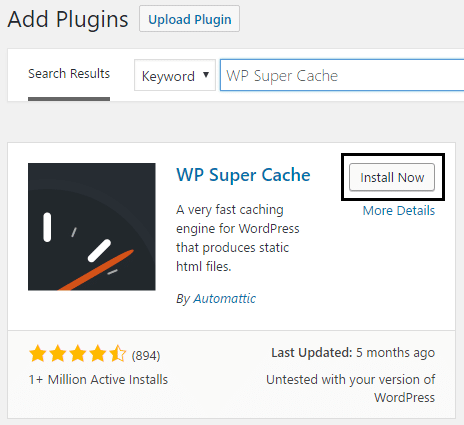 sök WP Super Cache plugin