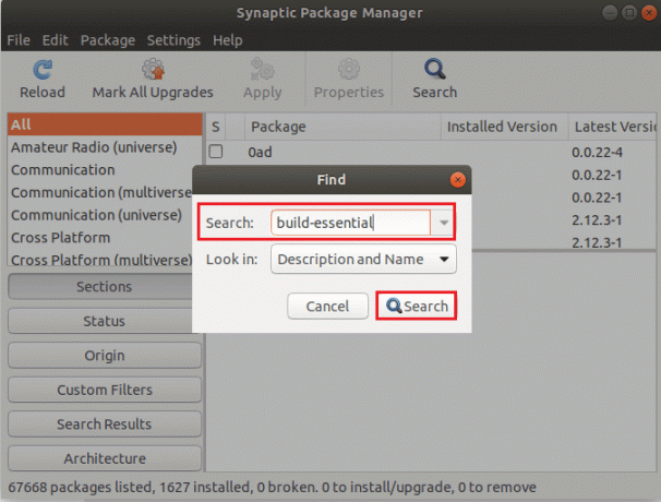 search build essenziale nel gestore di pacchetti snaptic ubuntu linux