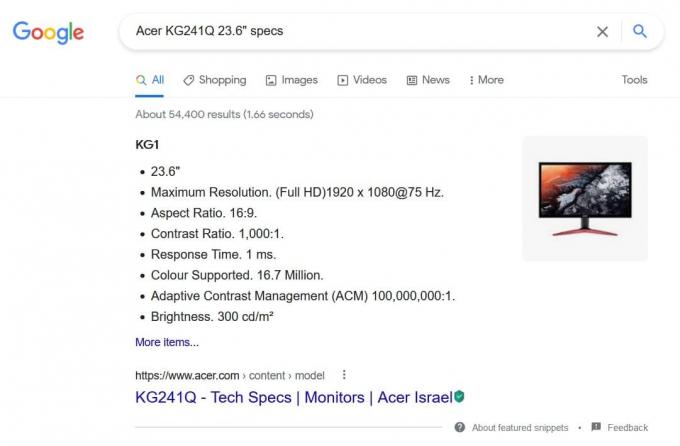 Google-haku Acer KG241Q 23.6 specs | Kuinka tarkistaa näytön malli Windows 10: ssä