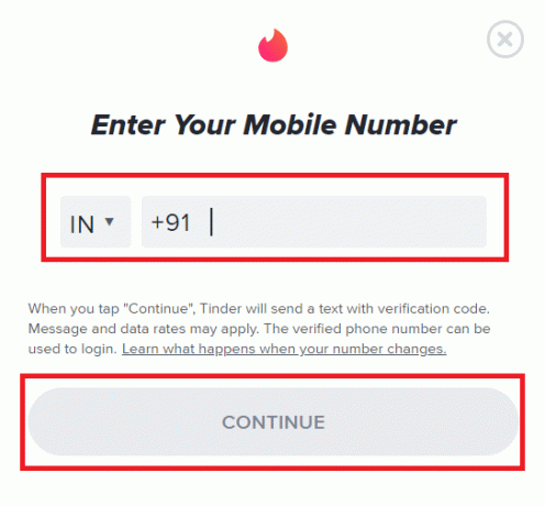 Zadajte svoje mobilné číslo a kliknite na Pokračovať | Ako si vytvoríte nový účet Tinder, keď je zakázaný
