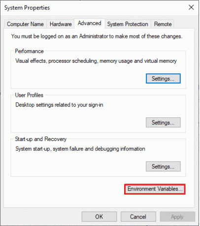 μεταβείτε στην καρτέλα Για προχωρημένους και κάντε κλικ στο Environment Variables…