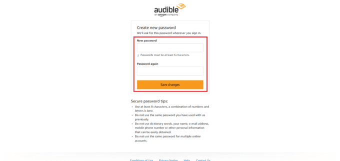 Sisestage uus parool, sisestage see kinnitamiseks uuesti ja klõpsake nuppu Salvesta muudatused | Kuidas hallata oma Audible'i kontot