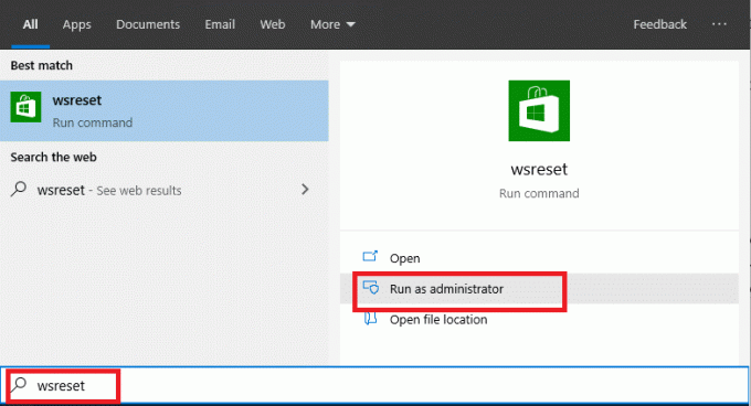 Busque wsreset.exe en la búsqueda del menú Inicio. Haga clic en Ejecutar como administrador en el resultado de la búsqueda que apareció.