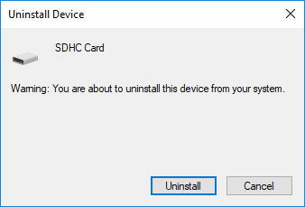 დააწკაპუნეთ Uninstall ღილაკზე, რომ გააგრძელოთ SD ბარათის დეინსტალაცია | შეასწორეთ SD ბარათი, რომელიც არ არის აღმოჩენილი Windows 10-ში